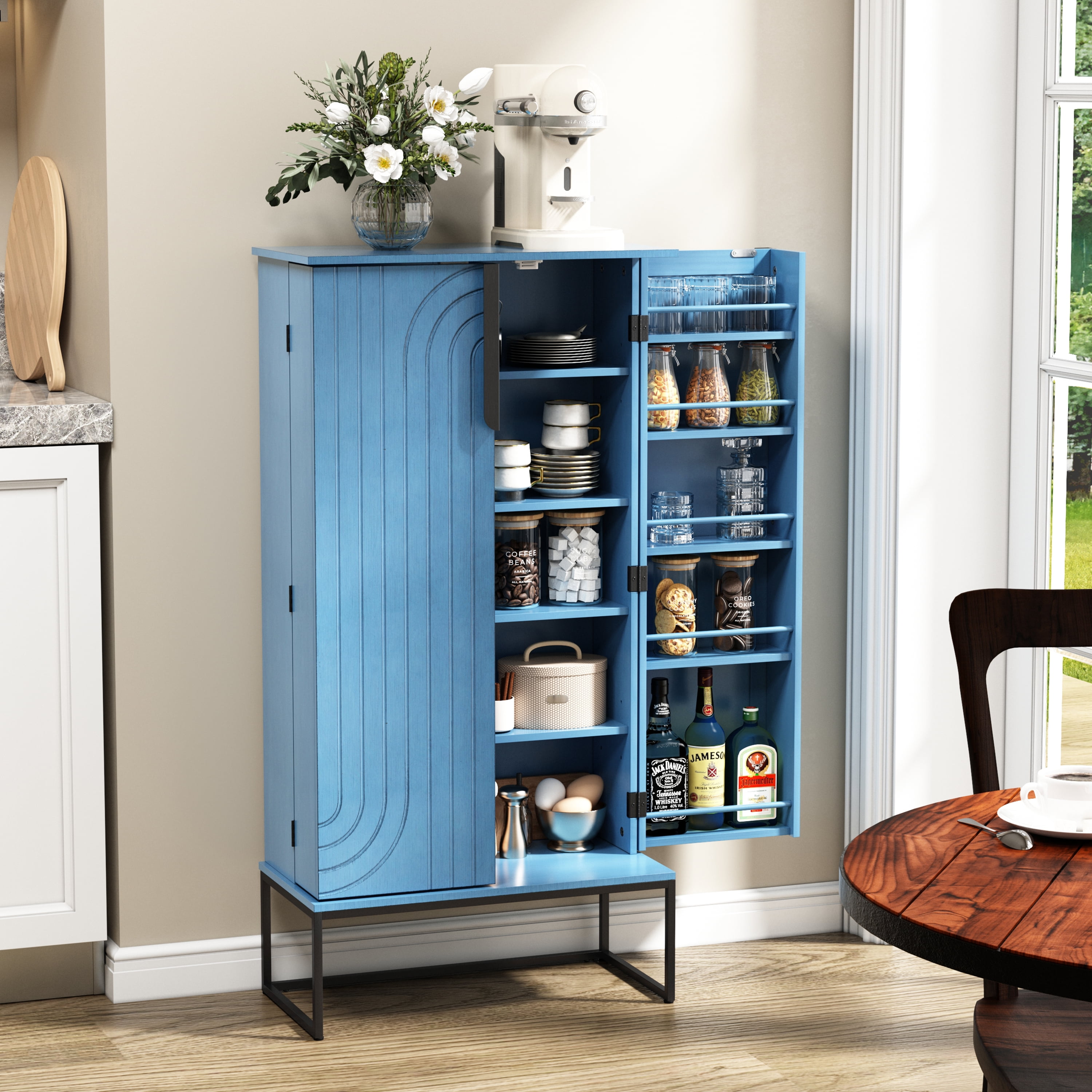 ARTPOWER 46.5 Kitchen Pantry Cabinet with Doors & Adjustable Shelves,  Freestanding Food Storage Cabinet for Living or Dinning Room in Blue