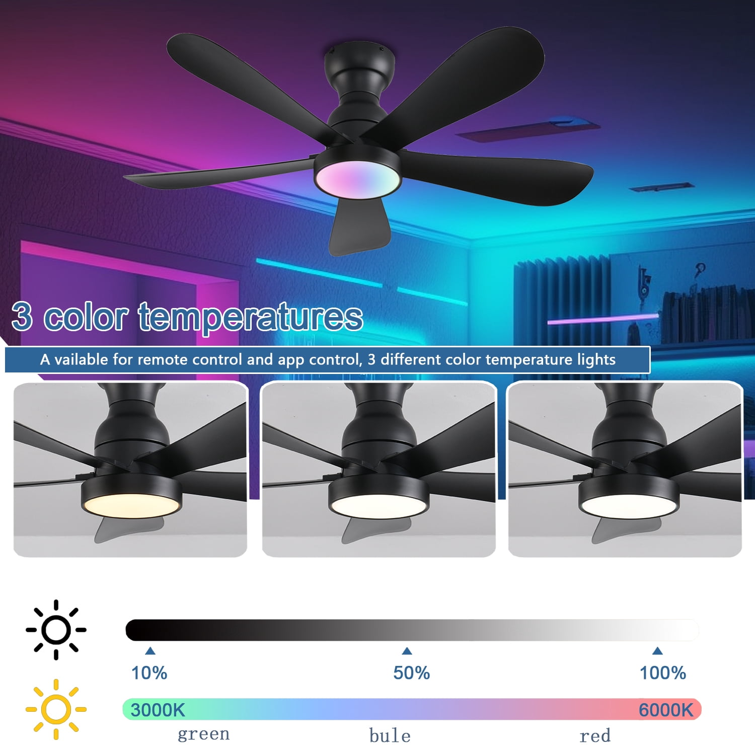42 Inch Black Ceiling Fans with Lights and Remote/App Control, Flush Mount Ceiling Fan with RGB Dimmable Light, Noiseless Modern Small Ceiling Fan for Bedroom Indoor/Outdoor