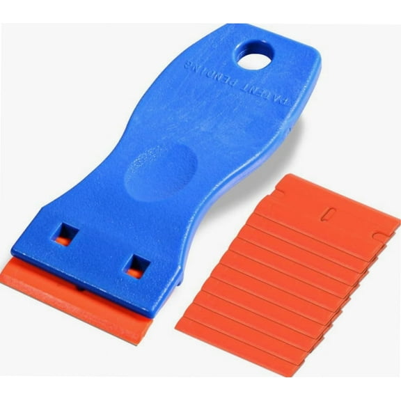 1.5" Plastic Razor Scraper with 10pcs Double Edged Plastic Blades for Removing Labels Stickers Decals on Glass Windows (Blue)