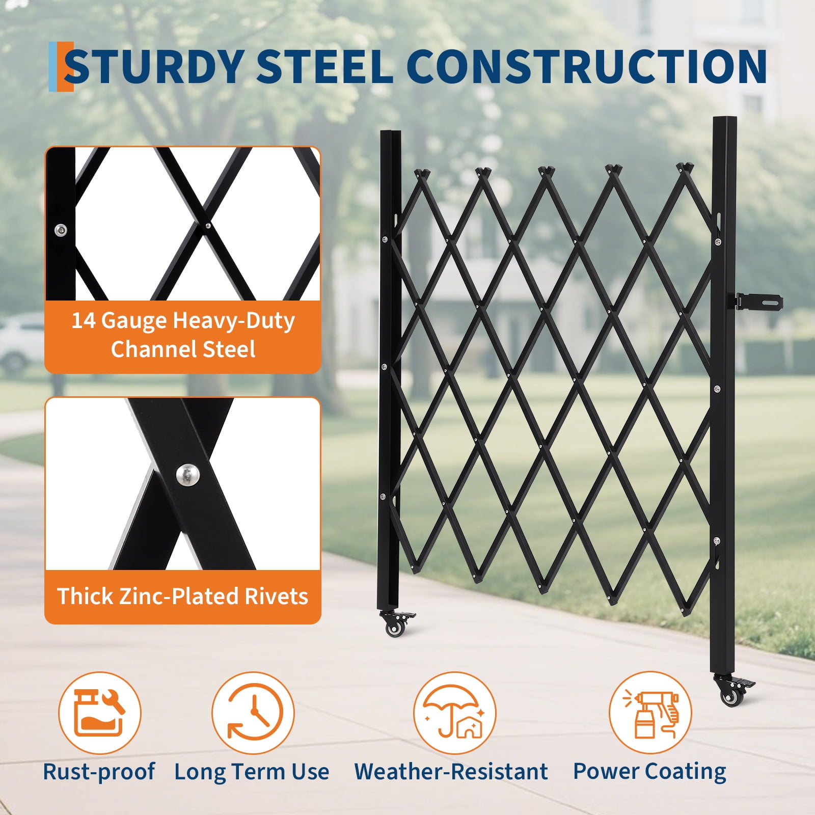 TEQIN Industrial Expandable Metal Barricade, 6FT/7FT/8FT/11FT, Mobile Safety Barrier Gate, Retractable Traffic Fence,Easily Assembled Safety Barrier with Casters, Flexible Mobile Gate