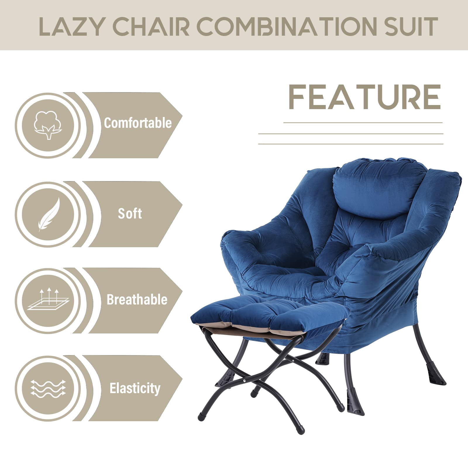 Aukfa Accent Chair with Ottoman,Lazy Lounge Chair with Arm,Side Pocket for Living Room, Blue