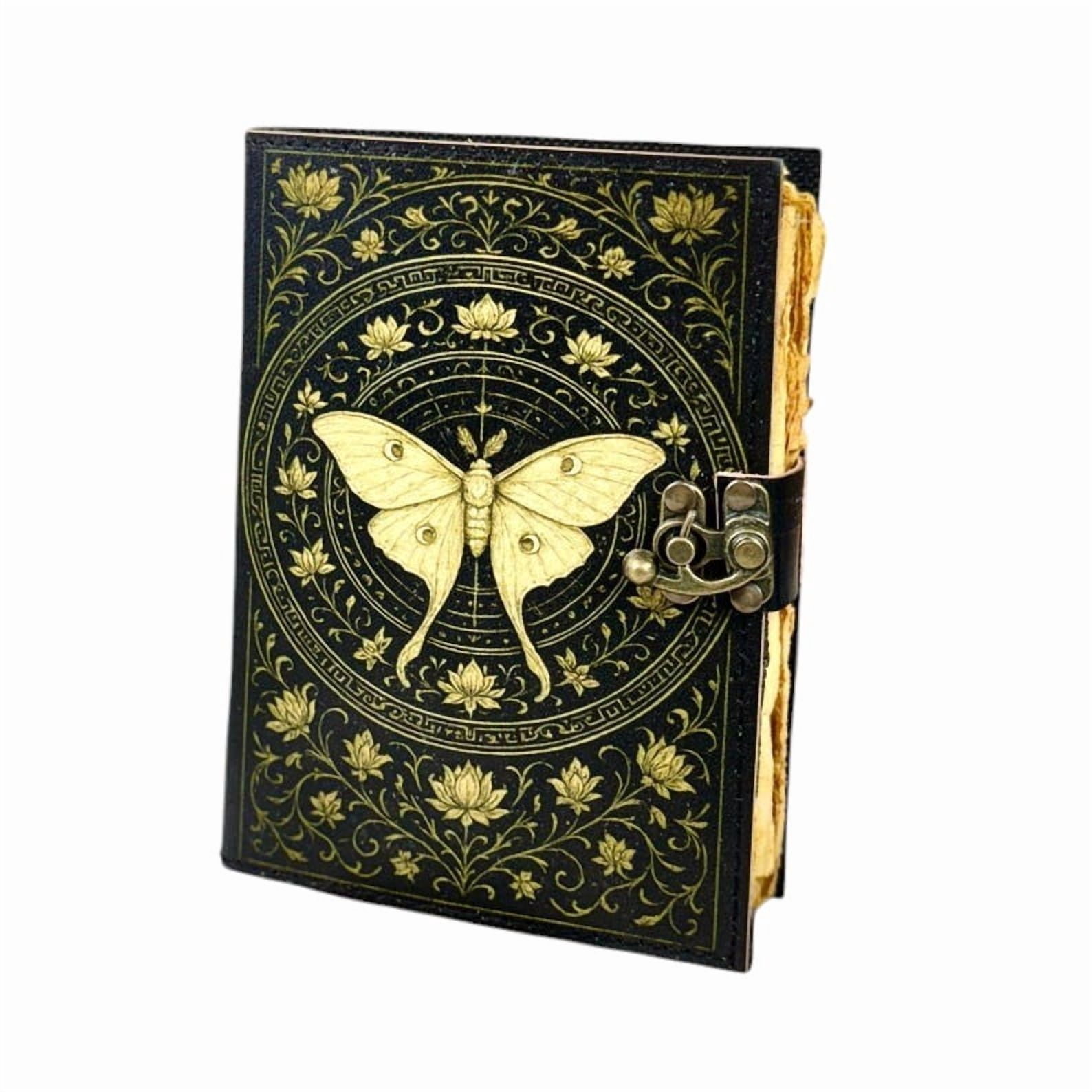 Handmade Leather Journal with Butterfly Design, 200 Deckle Edge Pages, 5x7 Vintage Notebook with Metal Clasp Closure