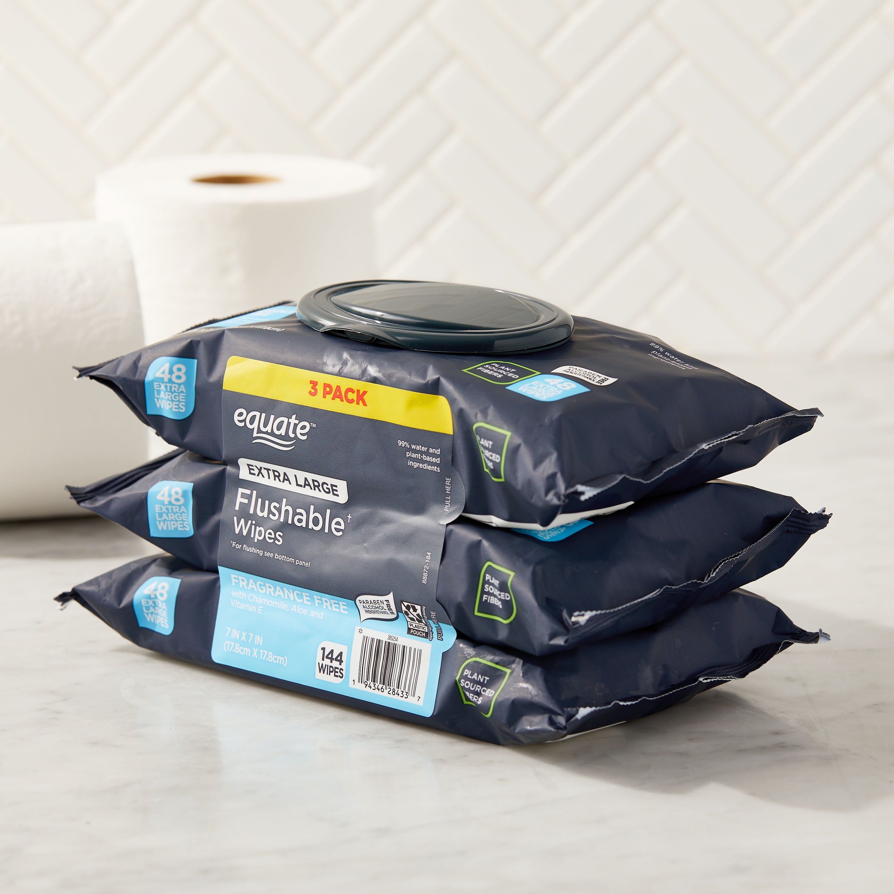 Equate Extra Large Flushable Wet Wipes, Fragrance Free, 144 Wipes, 3 Pack