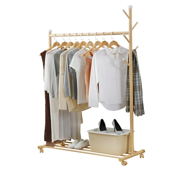 HOME ORGANIZER Multifunctional Clothing Rack Steel Rod Hanging Clothes Rolling Garment Rack Organizer Indoor Hanger with Bottom Shelves Integrated Coat Stand on Wheels for Bedroom Dressing Room