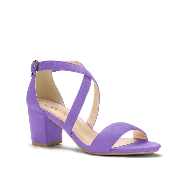 BLISSFUL STEP Women's Open Toe Cross Strap Mid Block Heel Sandals Purple 8