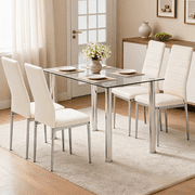 Ktaxon Modern Dining Table Set for 4, Glass Kitchen Table Set & 4 PU Padded Upholstered Highback Chairs, Dining Room Set for Family Dinners, Breakfast, White