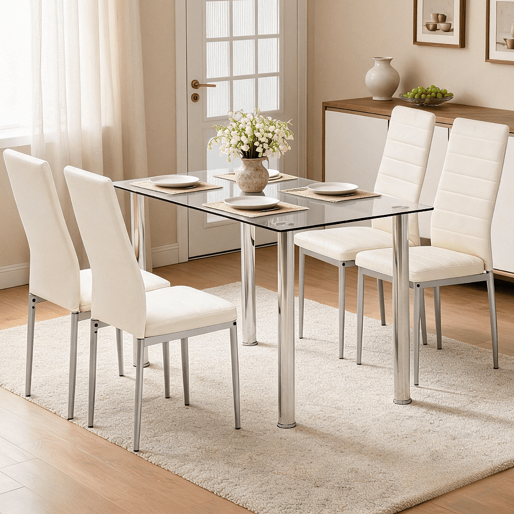 Ktaxon Modern Dining Table Set for 4, Glass Kitchen Table Set & 4 PU Padded Upholstered Highback Chairs, Dining Room Set for Family Dinners, Breakfast, White