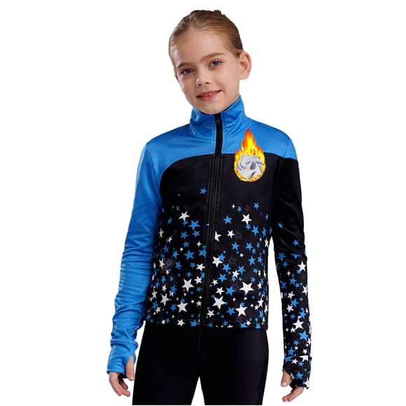 YiZYiF Kids Girls Warm Fleece Ice Skating Jacket Stage Printed Practice Sweatshirts Ice Skating Training Wear Blue 8