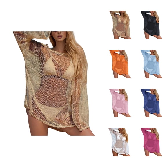 Swimsuit Cover Up for Women Resort Swim Cover Up Elegant Hollow-Out Knit Beach Cover-Up for Sun Swim over-shoulder