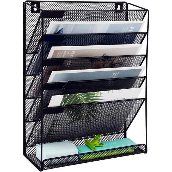 5 Pocket Mesh Hanging Wall File Organizer, Wall Mounted Mail Paper Document Folder Holder, Clipboard Storage Organization Magazine Rack with Nametag Label for Office Home School, Black