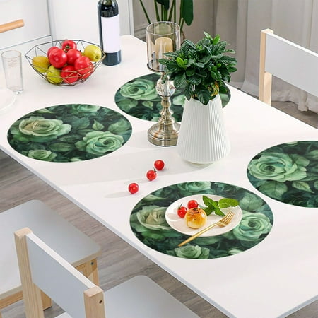 

Round Grid Placemat One Sizex4 Round Placemat PVC Plate Mat，15.4 Inch Non-Slip and Heat Resistant Table Placemat Dining Room Placemat Green Rose4