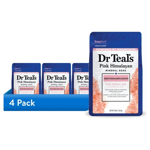 (4 pack) Dr Teal's Epsom Salt Magnesium Soak, Restore & Replenish with Pink Himalayan Mineral, 3 lbs