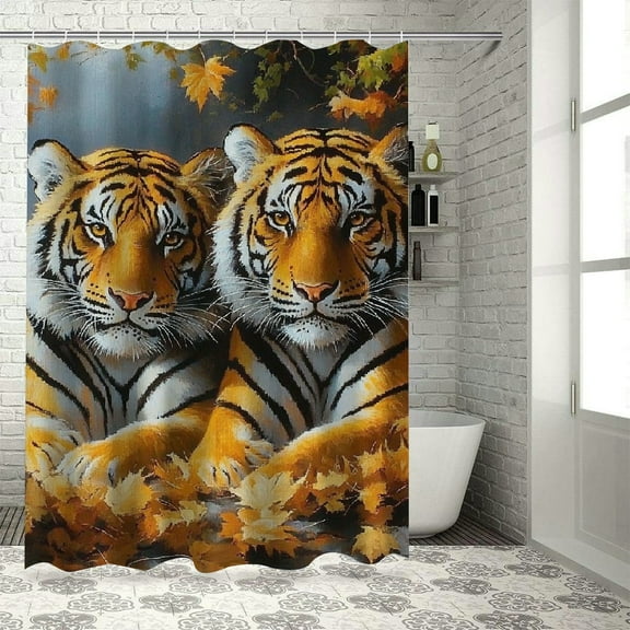 Patifu Tigers Autumn Leaves Bathroom Shower Curtain Set with Hooks 36"x72