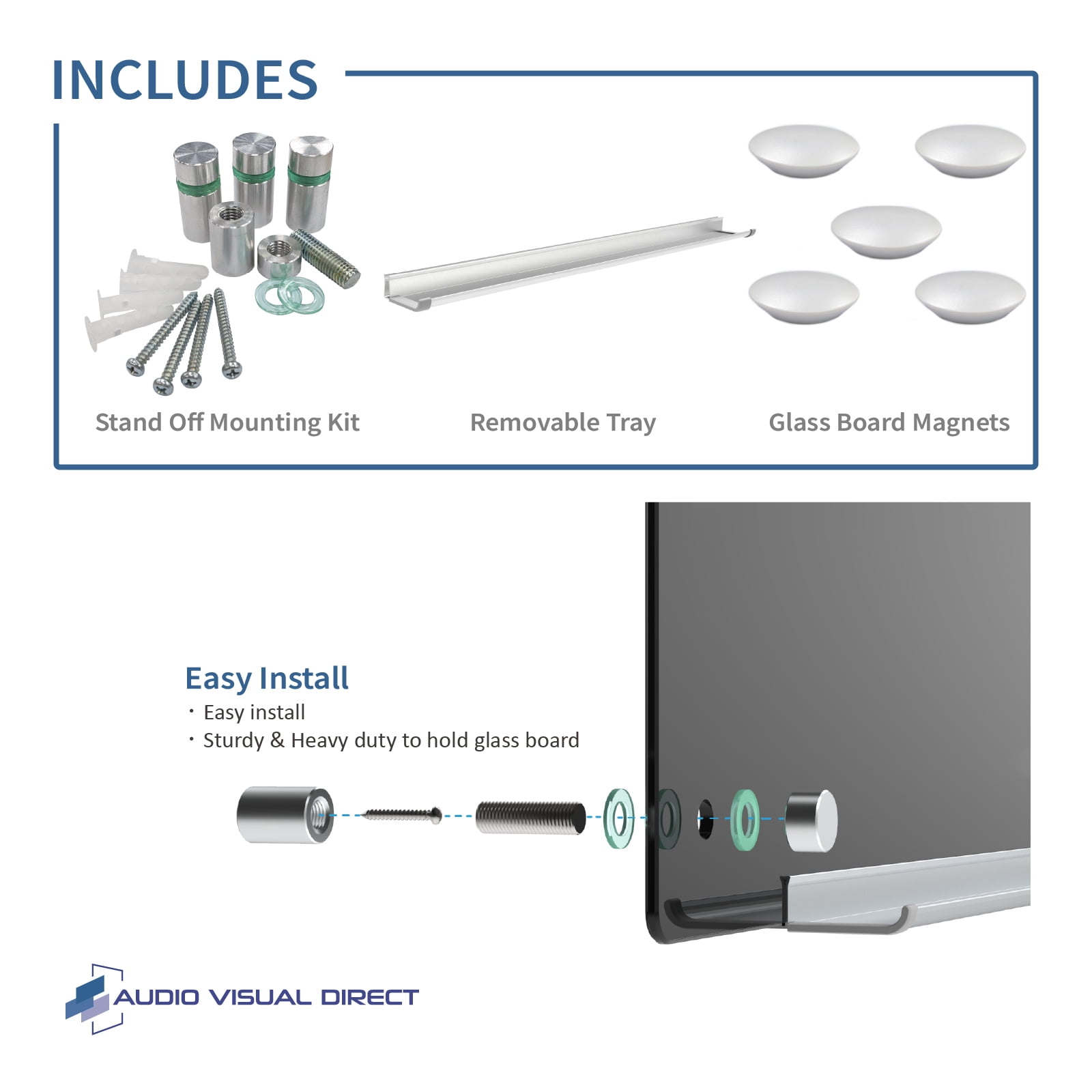 Audio-Visual Direct Magnetic Black Glass Dry-Erase Board Set - 6' x 4' - Includes Magnets, Hardware & Marker Tray