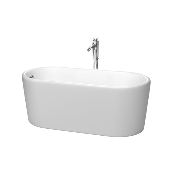 Ursula 59 Inch Freestanding Bathtub in Matte White with Floor Mounted Faucet, Drain and Overflow Trim in Polished Chrome