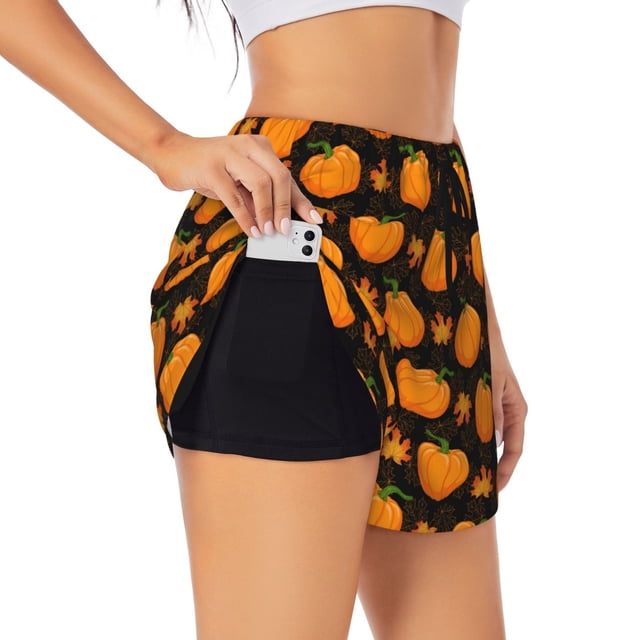Balery Orange Pumpkin And Autumn Maple Pantalones cortos deportivos para mujer con forro y dos bolsillos, elásticos, para entrenamiento, gimnasio, yoga-Large