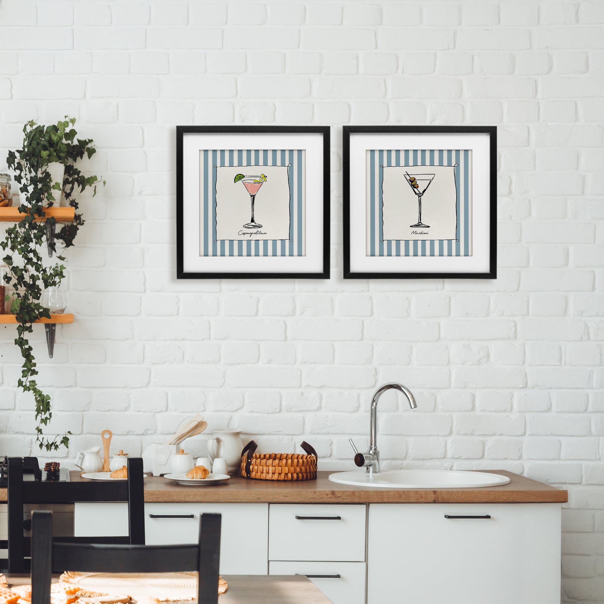 Stupell Industries Summer Drinks on Stripes 2 Piece Black Framed Print Under Glass Set, design by Susan Jill
