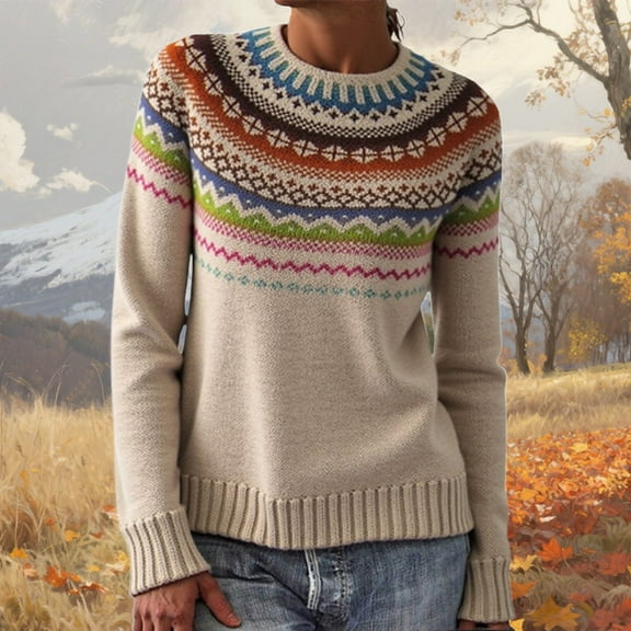 Fair Isle Sweater for Women Loose Fit Round Neck Sweater Fashion Comfortable Fall Winter Long Sleeve Pullovers Top Multicolor Khaki L