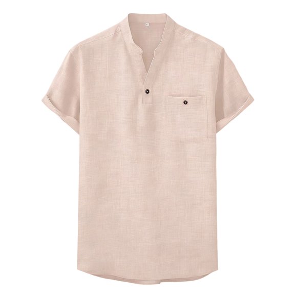 XIAOCHA Mens Linen Blend Henley Neck Shirt Short Sleeve Stand Collar Pullover Top Breathable Casual Vacation Shirts