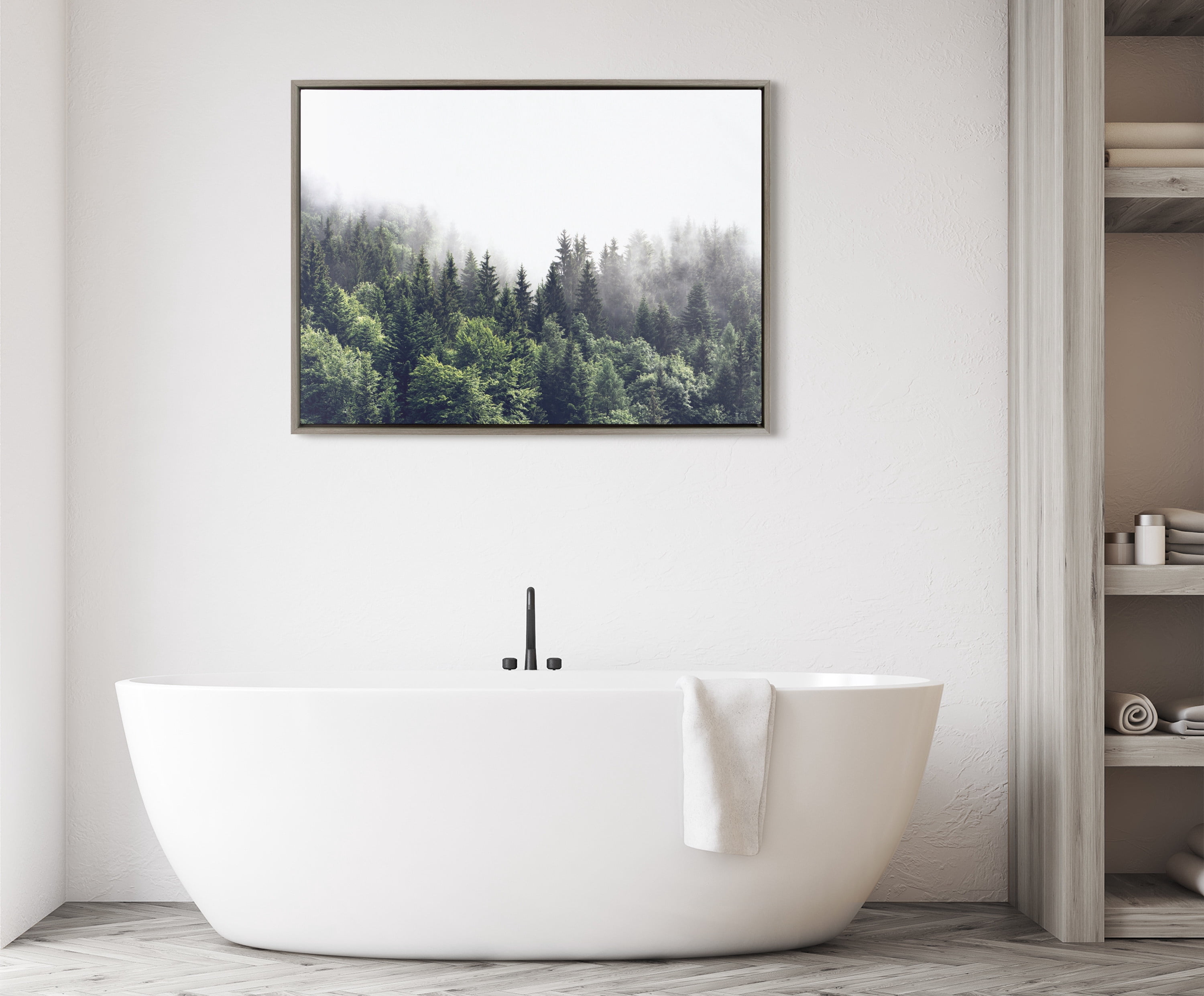 Kate and Laurel Sylvie Lush Green Forest on a Foggy Day Framed Canvas Wall Art by The Creative Bunch Studio, 28x38 Gray, Charming Decorative Forest Art for Wall