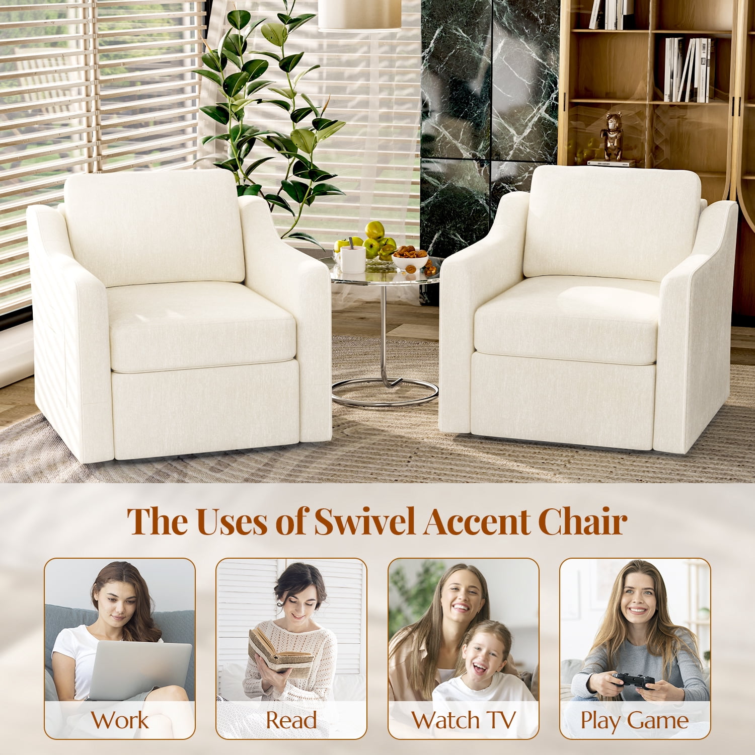 ZBOM 360° Swivel Modern Accent Chair Set of 2, Large Comfy Reading Chairs, Accent Square Single-seat Armchair Upholstered Sofa for Reading, Living Room, Bedroom, Beige
