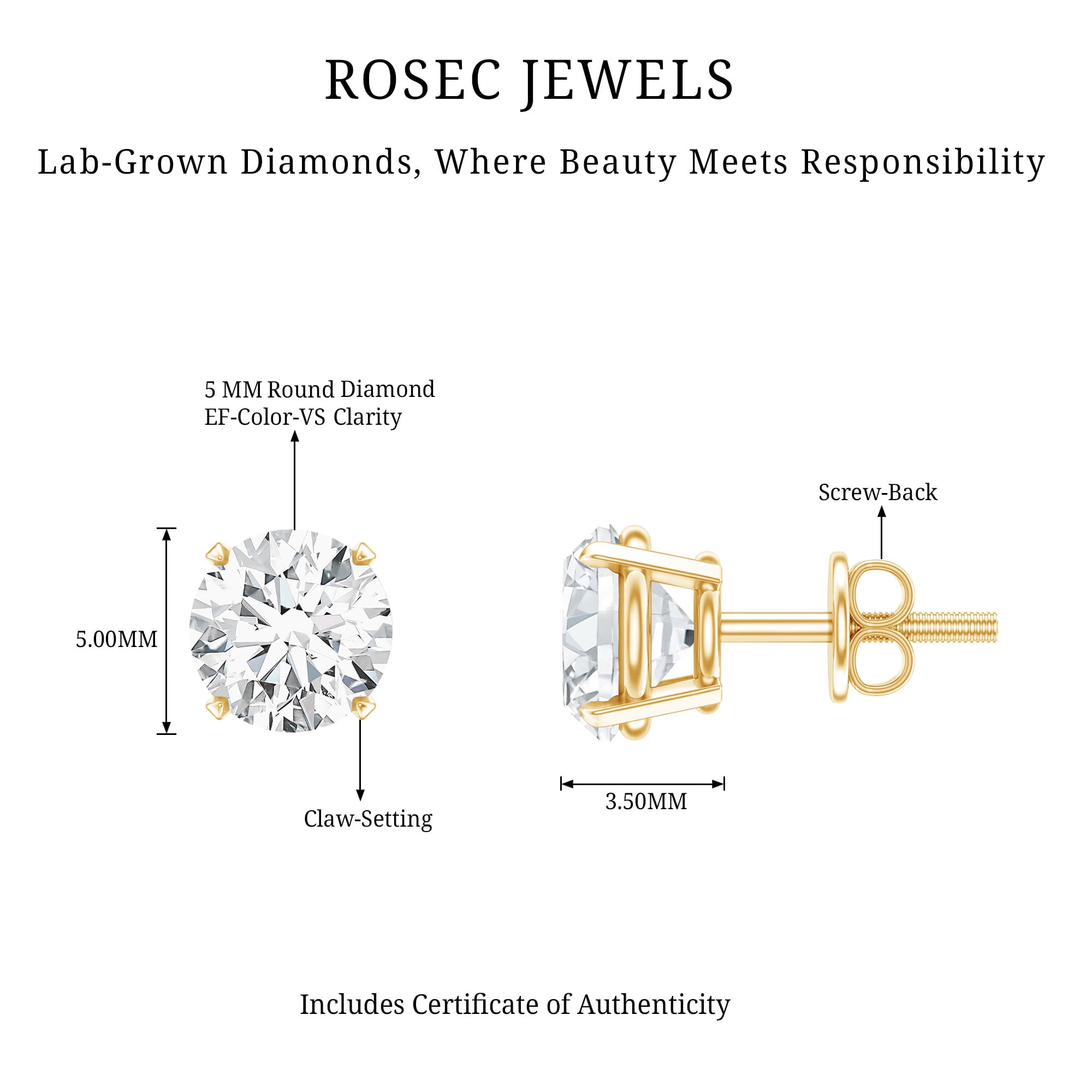 Rosec Jewels Lab Grown Diamond Earrings Unisex - 0.9 Ct - Round Lab Diamond Stud with Screw Back (EF-VS Quality) - Ready to Gift, 14K Yellow Gold