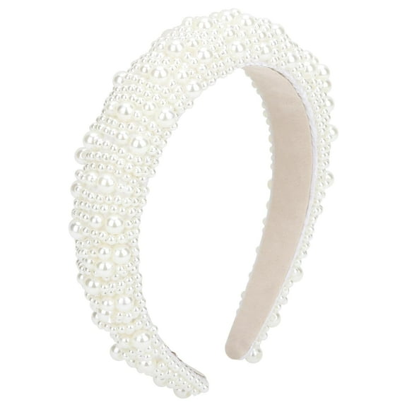 LinYooLi White Faux Pearl Padded Bridal Headband for Women, Wedding and Party Hair Accessories