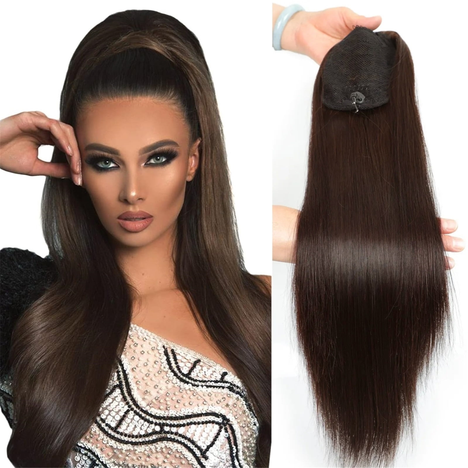 Bone Straight Drawstring Ponytail Wigs Clip In Hair Extensions #2 Wrap Around 100% Human Hair