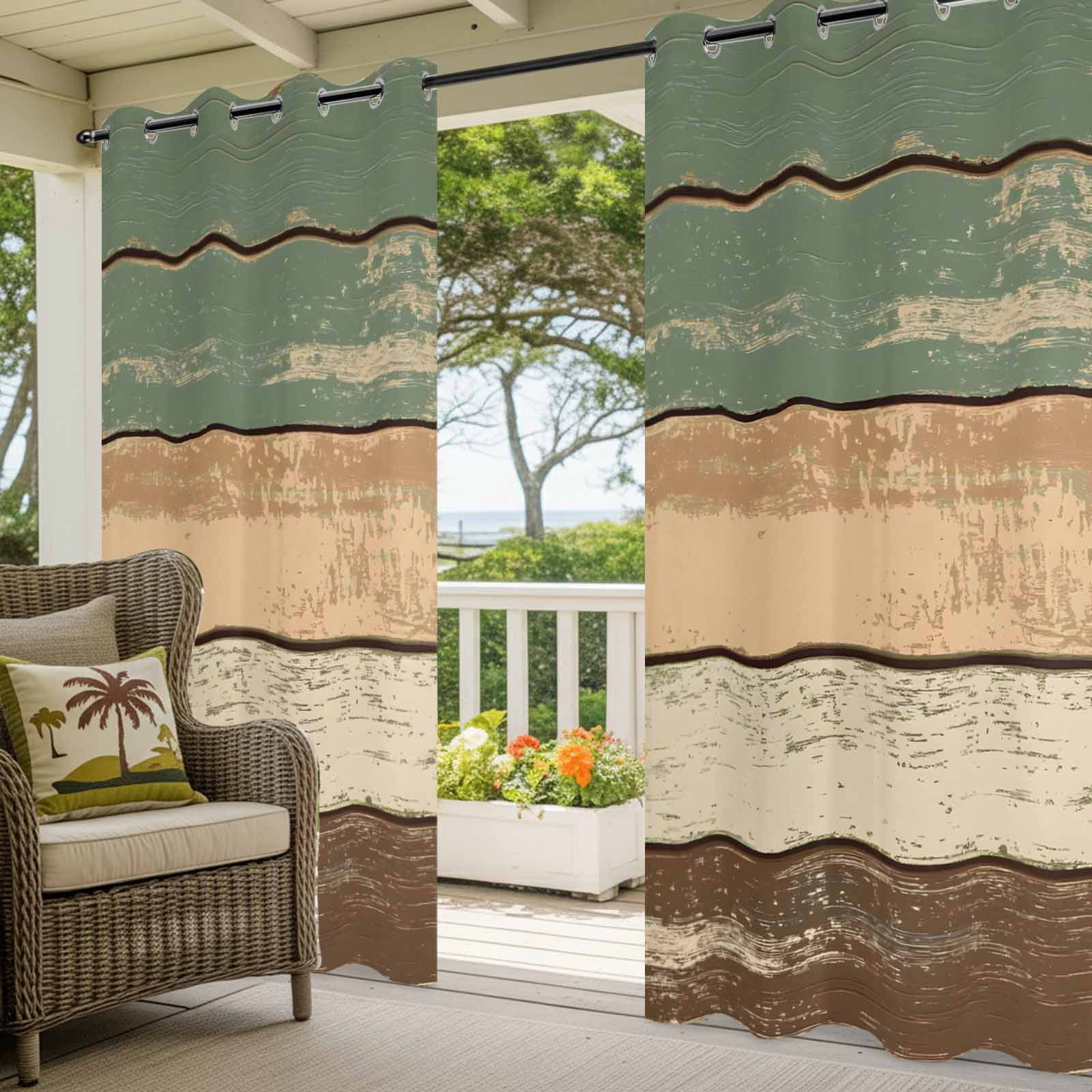 Outdoor Curtains for Patio Waterproof, Green Brown Farmhouse Windproof Pravicy Outside Porch Blackout Curtain, Vintage Wooden Sun Blocking Grommets Curtains for Cabana Gazebo 54"x108"