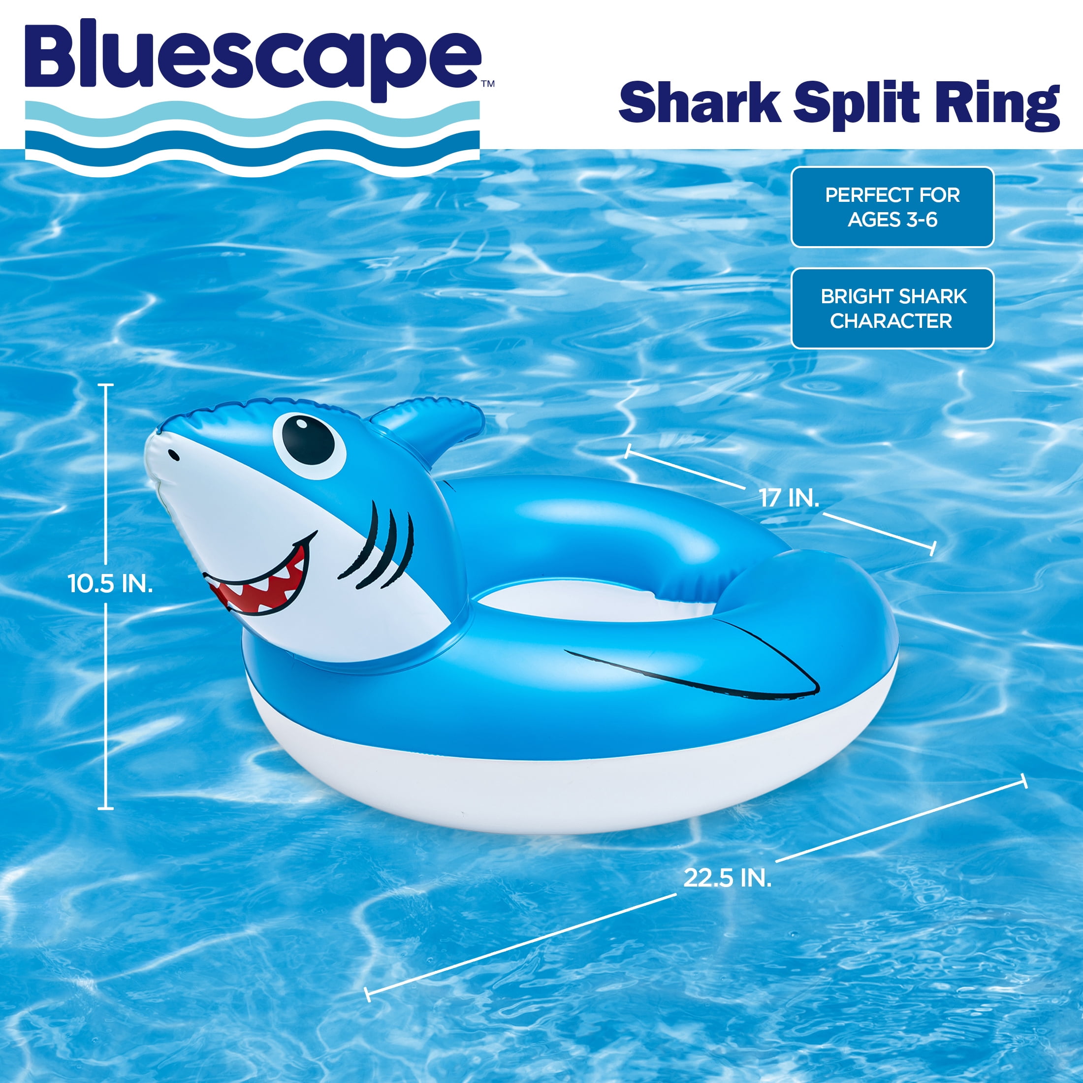 Bluescape Blue Shark Split Inflatable Swim Ring Pool Float for Kids, Ages 3 to 6, Unisex
