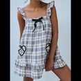 thumbnail image 4 of Vestido Minivestido con Estampado Floral para Mujer, Sin Mangas, Holgado, con Volantes, de Verano, de una Pieza, con Estampado de Cuadros . Azul L, 4 of 7
