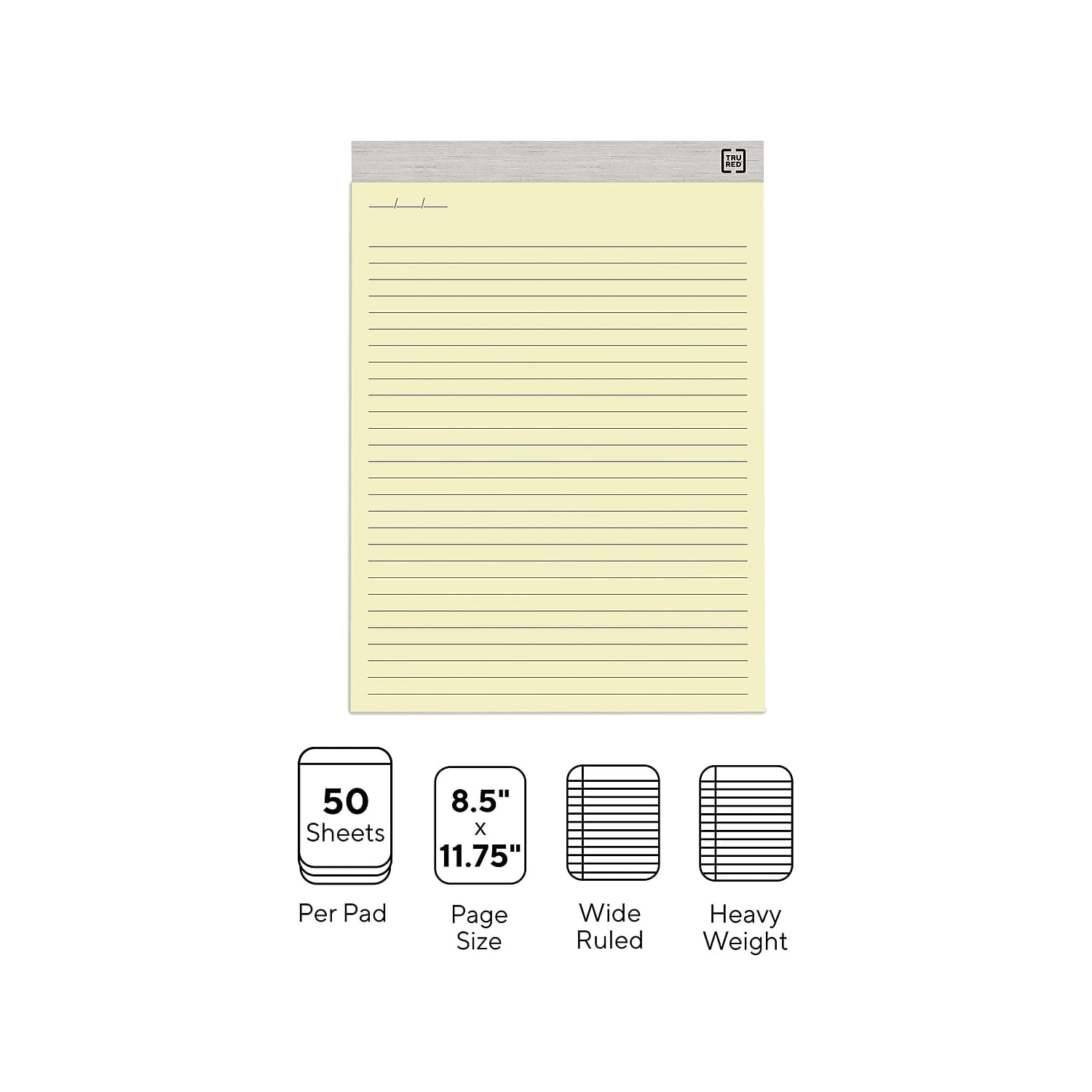 Staples TRU RED Notepads8.5" x 11.75"Wide RuledCanary50 Sheets/Pad TR57381