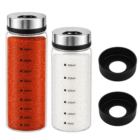 2 Pack Salt & Pepper Shakers – Large Glass Spice Jars with Adjustable Pour Holes, 4‑Mode Rotating Steel Lids, Non‑Slip Silicone Bases, 16.9 oz & 10 oz Seasoning Dispensers
