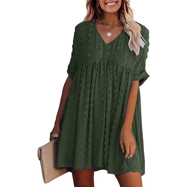 Robe Mini d'Été pour Femmes à Manches Courtes, Aguichant, Col en V, Fluide, Décontractée, à Pois Suisses, Courte, Coupe Ample, Grande Taille