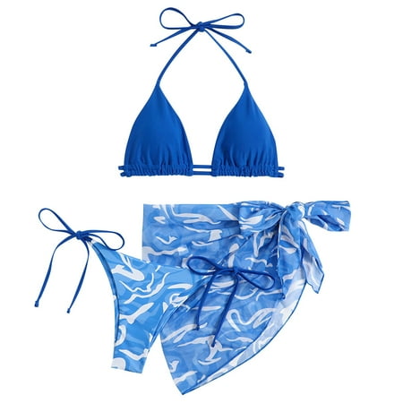 

Cathalem Womens Swim Dress Top Womens Swimsuit 3 Piece Water Ripple Printing Drawstring Tie Swimsuit with Underwire Bra Support Underwear Blue Small