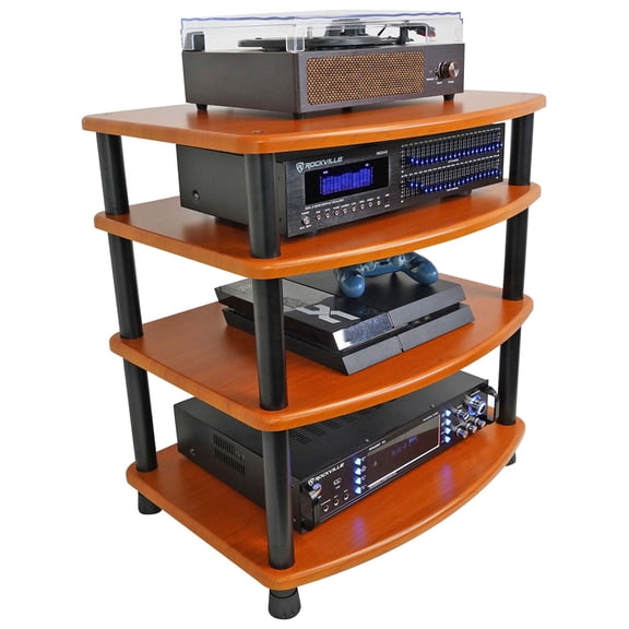 Rockville FLX Classic Wood Adjustable Height 4 Shelf Home Theater A/V Rack Stand