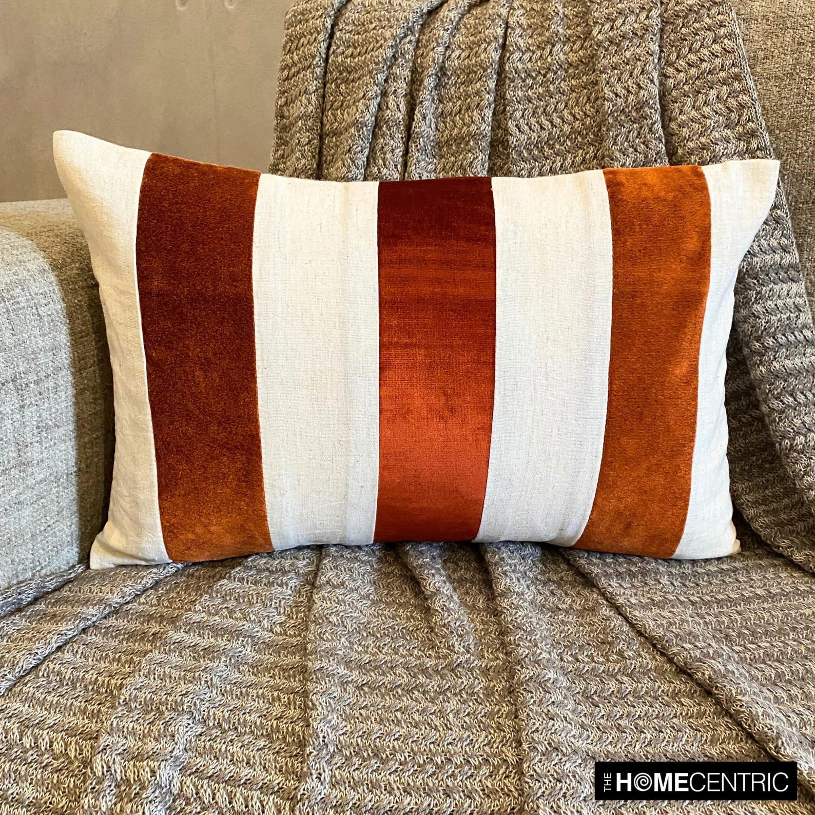 The HomeCentric Decorative Lumbar Pillow Cover Orange, 12"x22" (30x55 cm) Velvet & Linen Patchwork, Color Block, Halloween, Fall, Autumn Decor, Home Décor Oblong Cushion Cover, Striped- Swathe Orange