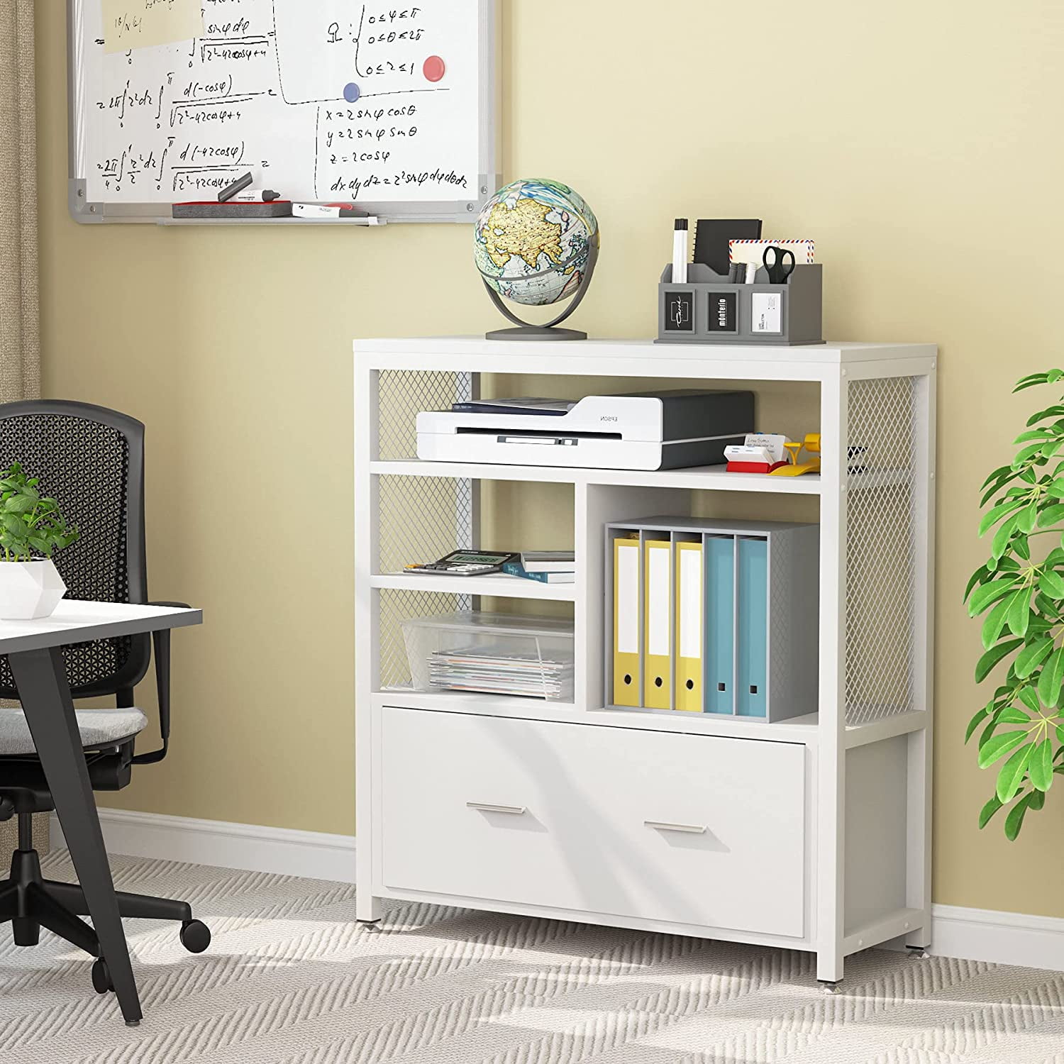 2 Drawer Wood File with open Storage Shelves, Modern Printer