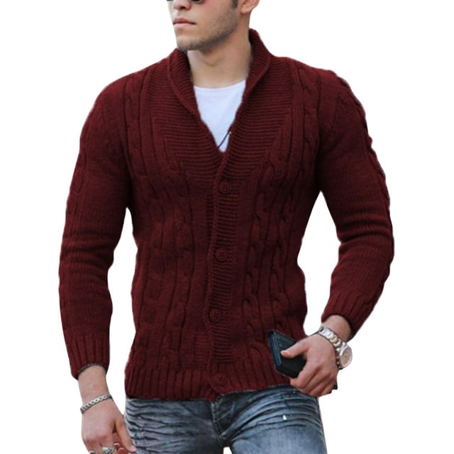 MAWCLOS Chandails pour Hommes à Manches Longues Manteau Cardigan Boutonné Chandail Tricoté de Travail Cardigan Uni Bordeaux 2TG