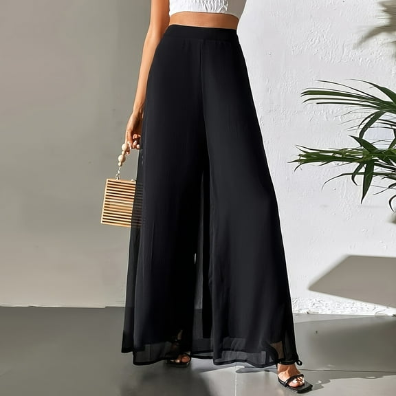 Womens Chiffon Palazzo Pants Wide Leg High Waist Flowy Casual Beach Trousers Elastic Waist Dressy Wear 2026 Black 2XL