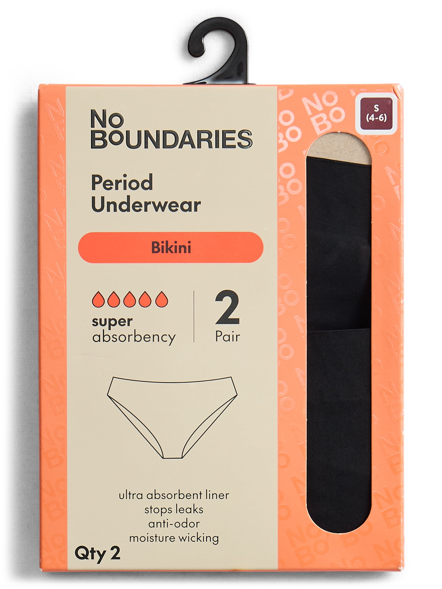 No Boundaries Bikini Super Absorbency Period Underwear, 2-Pack, Women’s Sizes XS-XXL
