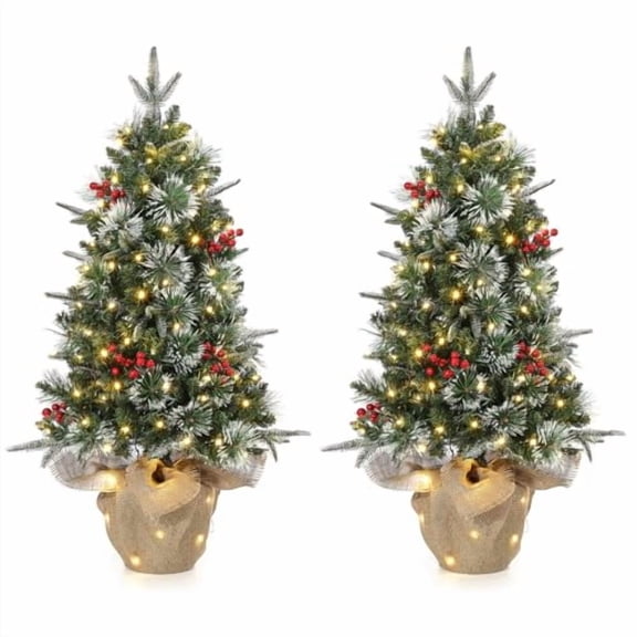 3FT Tabletop Christmas Tree, Pre-Lit Artificial Christmas Tree with 78 Led Lights, Small Christmas Tree with Red Berries for Christmas Decorations, 2PCS