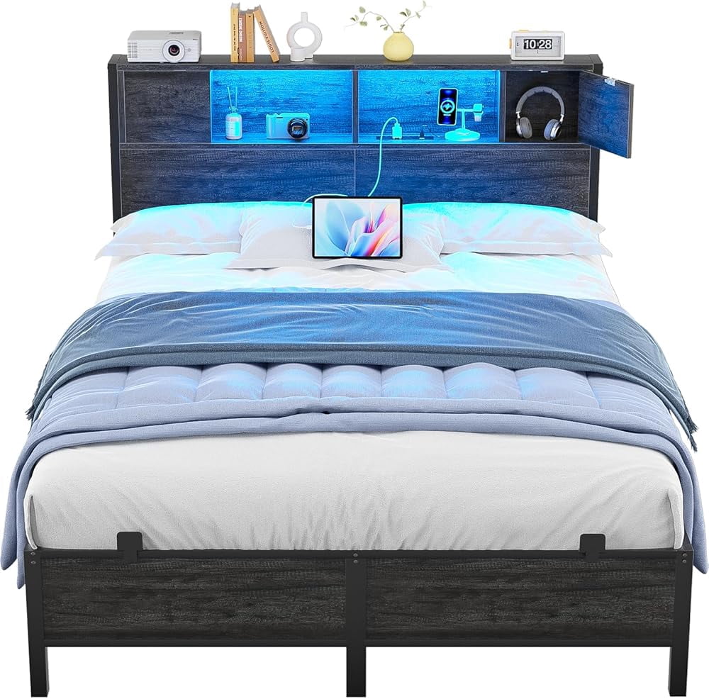 iSunirm Full Size Platform Bed Frame with LED Lights, Storage Headboard and Charging Station, Steel Slat Support, Noise Free, No Box Spring Needed, Easy Assembly, Black Oak