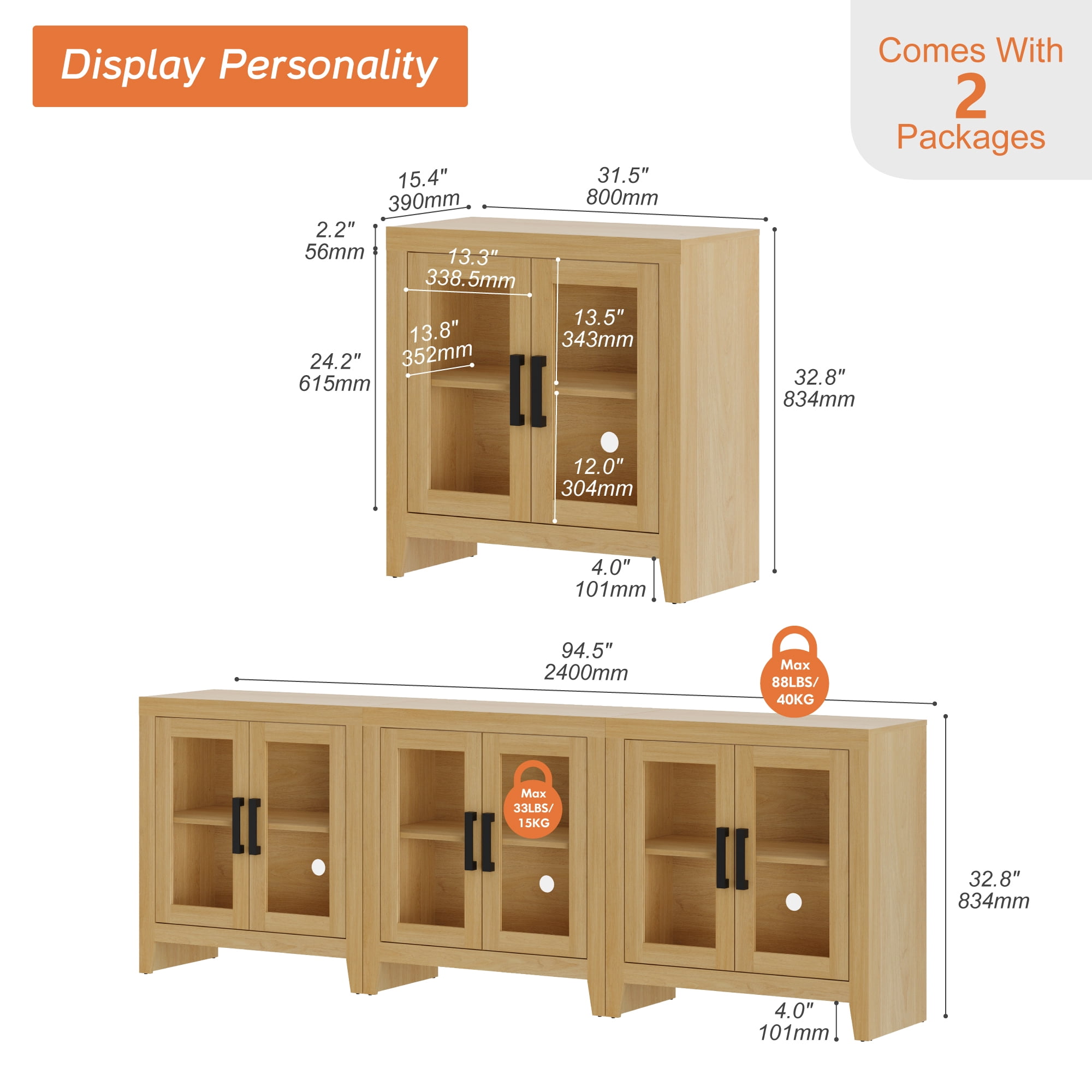 WAMPAT Modern Farmhouse TV Stand up to 100"TV, Entertainment Center with Tempered Glass Doors & Adjustable Shelves, Oak