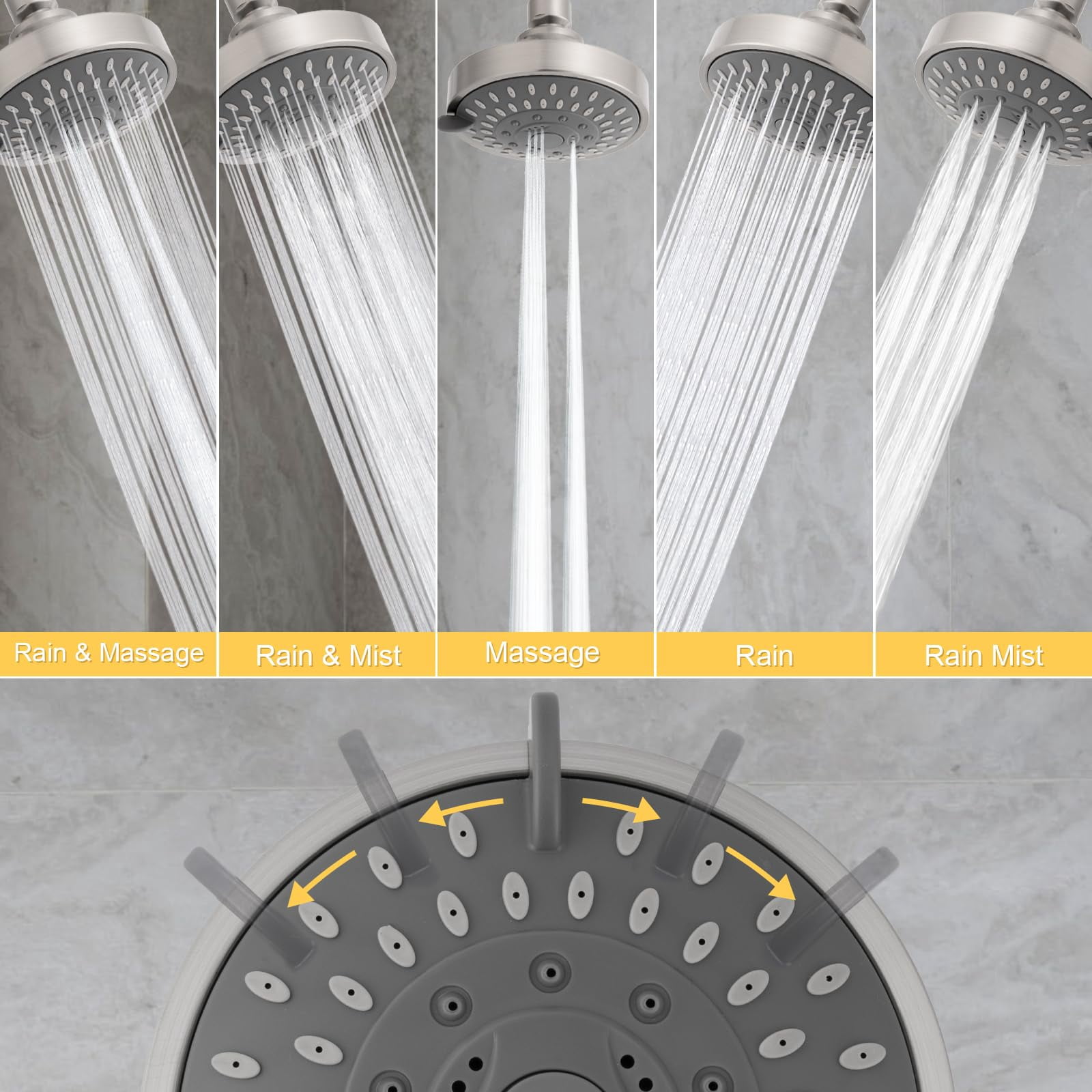 Shower Head High Pressure Rain Fixed Showerhead 5-Setting with Adjustable Metal Swivel Ball Joint - Relaxed Shower Experience Even at Low Water Flow & Pressure