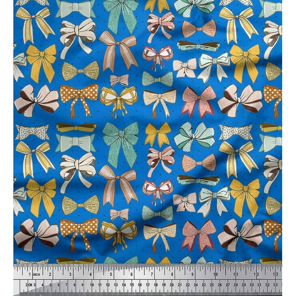 Soimoi Blue Cotton Duck Fabric Multi Bow & Dots Printed Craft Fabric by the Yard 42 Inch Wide
