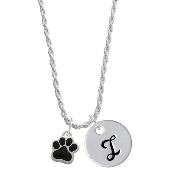 Delight Jewelry Silvertone Small Black Paw Silvertone Script Initial Disc - I - Charm Necklace, 20"+3"