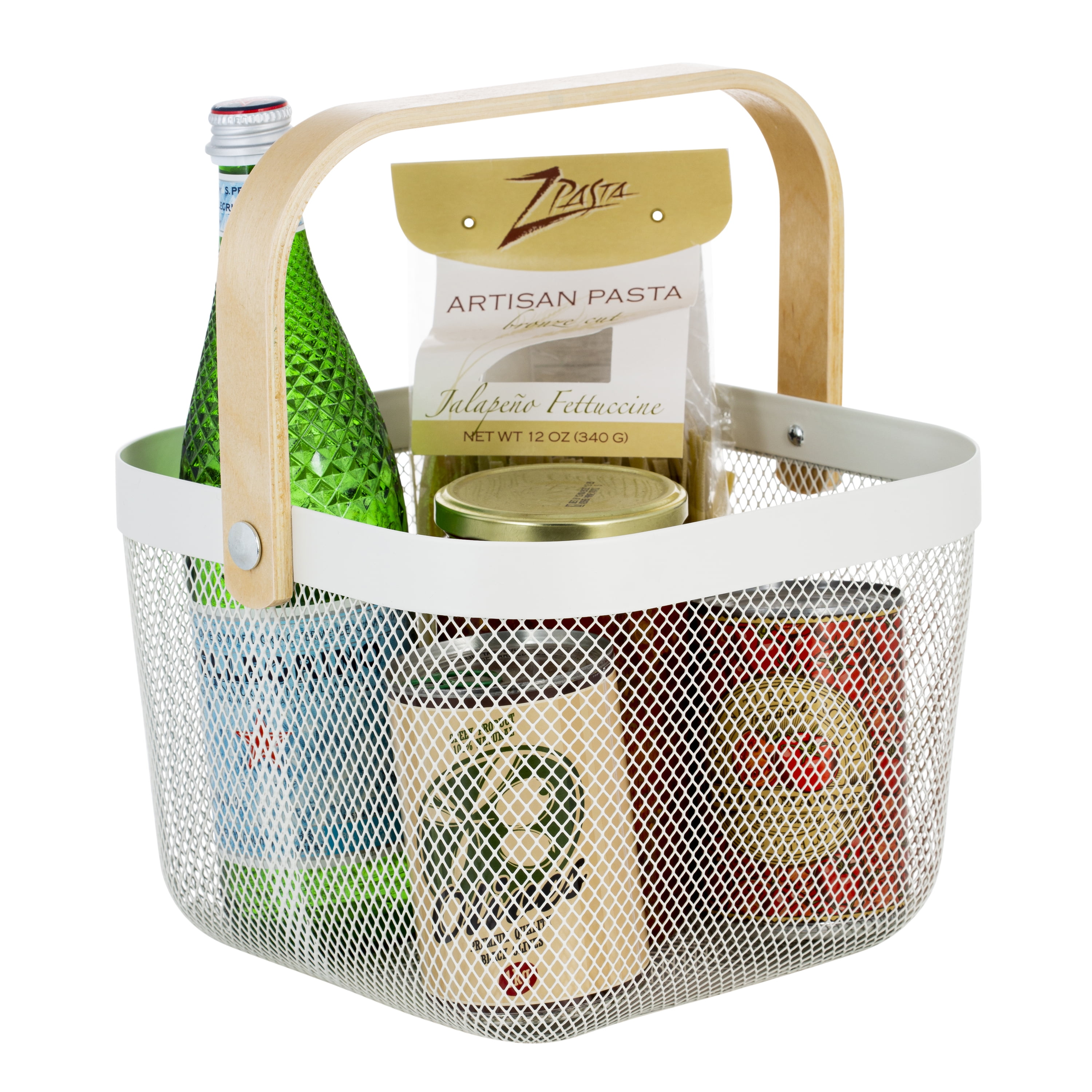 Simplify Mesh Decorative Storage Basket with Bamboo Handle, White