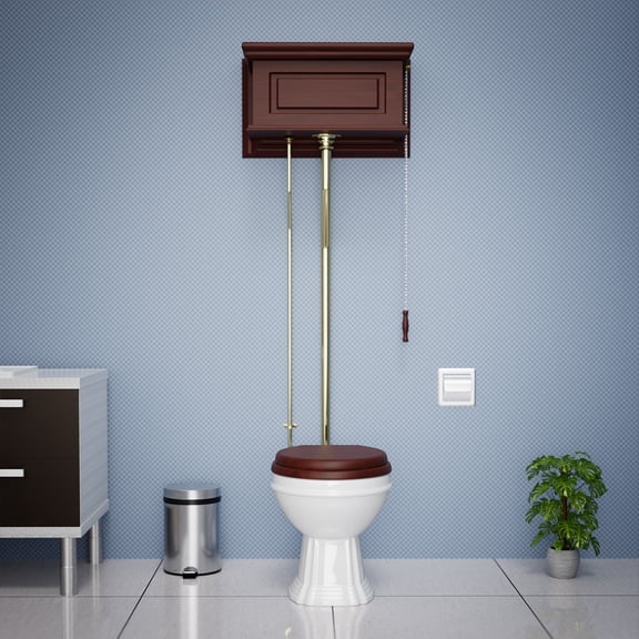 Cherry Wood Finish High Tank Pull Chain Toilet Wooden Raised Tank Round Rear entry White Porcelain Bowl and Brass L Pipes Adjustable Height 70"- 74" w/Hardware Renovators Supply