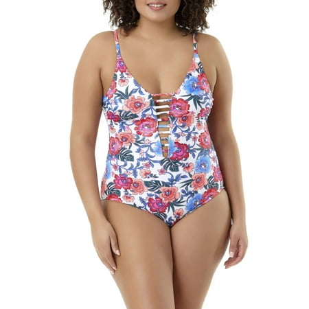 Lycra Strappy 4 Piece - Time And Tru Women's Plus-Size Porcelain Posies Strappy V-Neck One-Piece Swimsuit